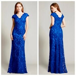 Tadashi Shoji Blue Lace Cap Sleeve Gown Size 8 Elegant Formal Evening Dress